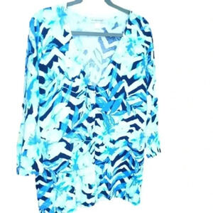 Christopher and Banks 3/4 sleeve v-neck blue tropical print cardigan. XL